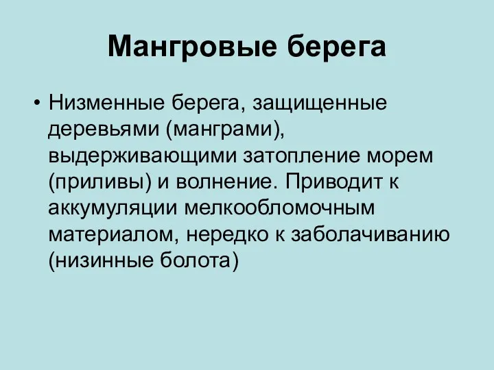 Мангровые берега Низменные берега, защищенные деревьями (манграми), выдерживающими затопление морем