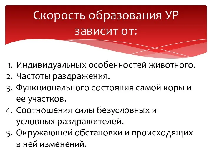 Скорость образования УР зависит от: Индивидуальных особенностей животного. Частоты раздражения.