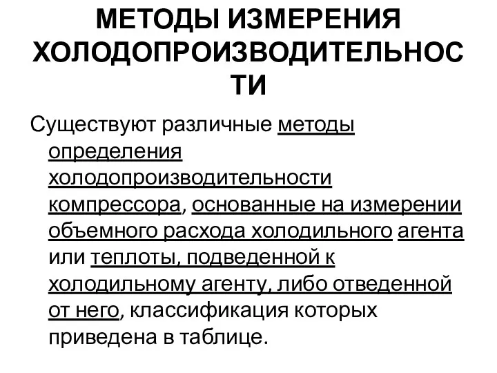 МЕТОДЫ ИЗМЕРЕНИЯ ХОЛОДОПРОИЗВОДИТЕЛЬНОСТИ Существуют различные методы определения холодопроизводительности компрессора, основанные на измерении объемного