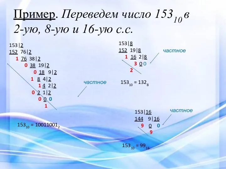 Пример. Переведем число 15310 в 2-ую, 8-ую и 16-ую с.с.