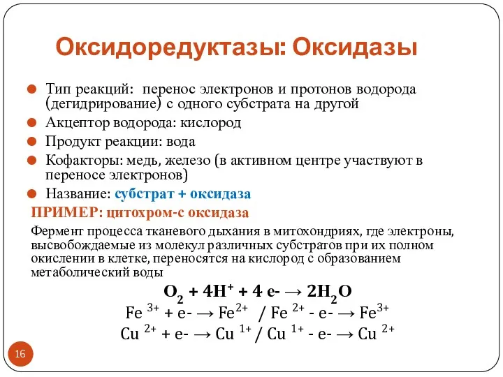 Оксидоредуктазы: Оксидазы Тип реакций: перенос электронов и протонов водорода (дегидрирование)