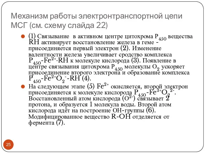 Механизм работы электронтранспортной цепи МСГ (см. схему слайда 22) (1)