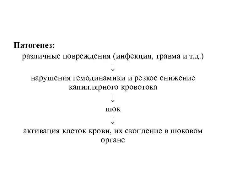 Патогенез: различные повреждения (инфекция, травма и т.д.) ↓ нарушения гемодинамики