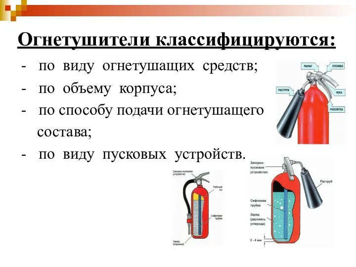 Огнетушители классифицируются: - по виду огнетушащих средств; - по объему