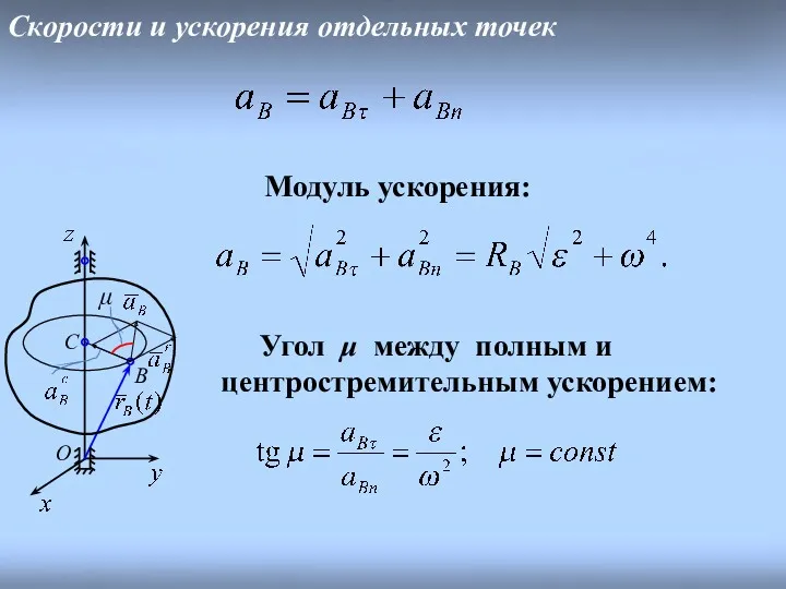 B Скорости и ускорения отдельных точек О Модуль ускорения: Угол