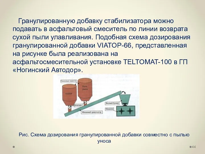 Гранулированную добавку стабилизатора можно подавать в асфальтовый смеситель по линии