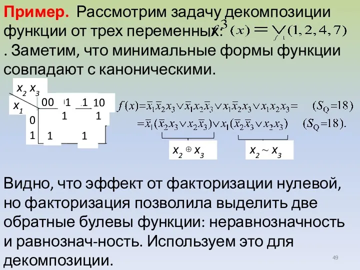 Пример. Рассмотрим задачу декомпозиции функции от трех переменных: . Заметим,