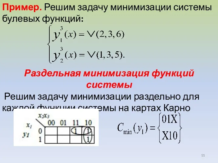 Пример. Решим задачу минимизации системы булевых функций: Раздельная минимизация функций