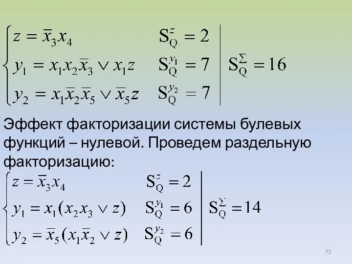 Эффект факторизации системы булевых функций – нулевой. Проведем раздельную факторизацию: