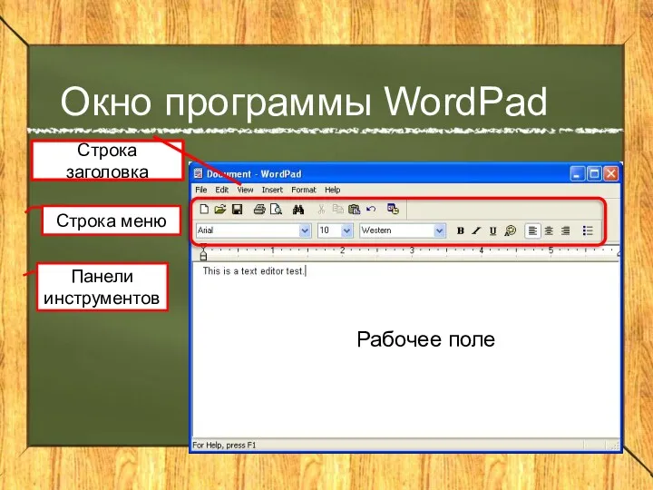 Окно программы WordPad Строка заголовка Строка меню Панели инструментов Рабочее поле