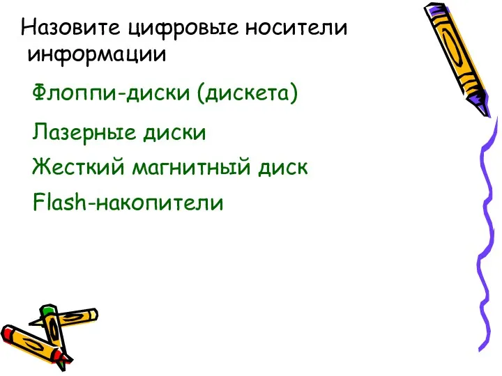 Назовите цифровые носители информации Флоппи-диски (дискета) Лазерные диски Жесткий магнитный диск Flash-накопители