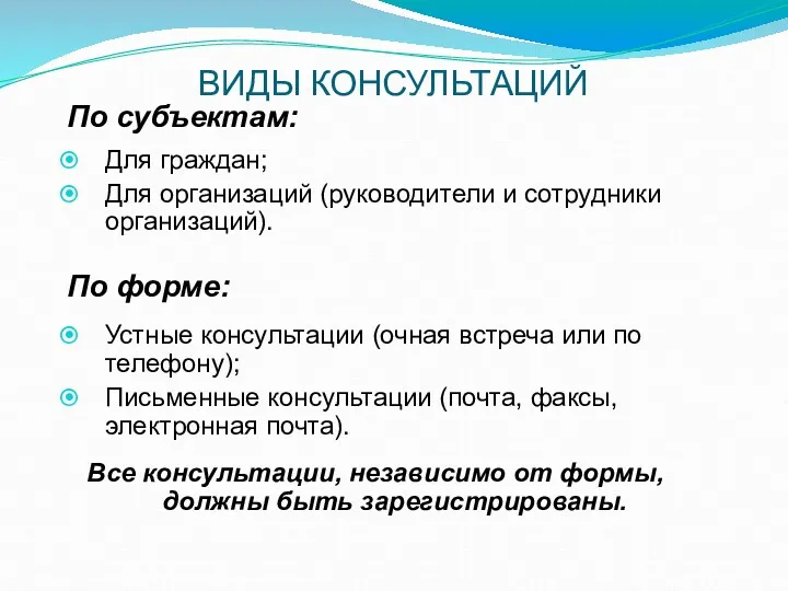 ВИДЫ КОНСУЛЬТАЦИЙ По субъектам: Для граждан; Для организаций (руководители и