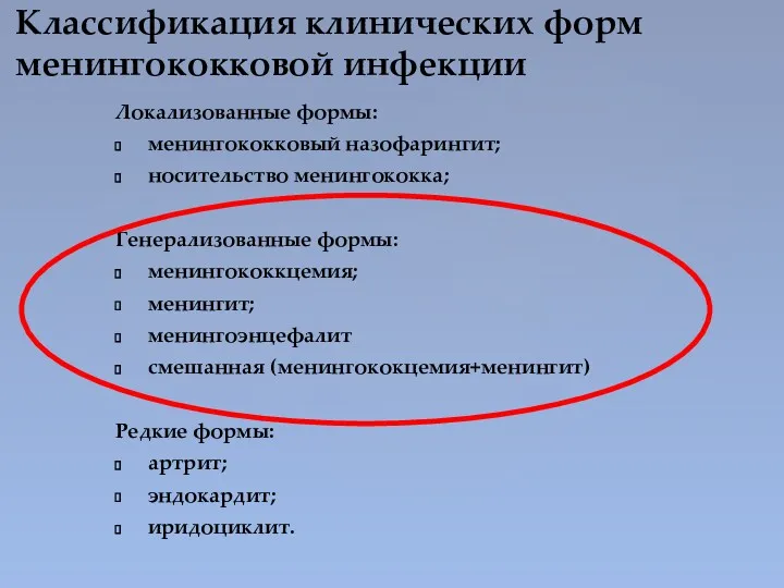 Классификация клинических форм менингококковой инфекции Локализованные формы: менингококковый назофарингит; носительство