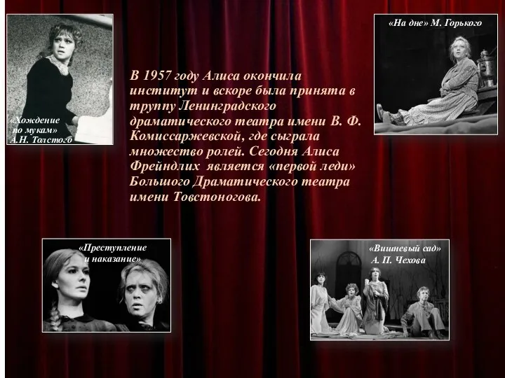 В 1957 году Алиса окончила институт и вскоре была принята в труппу Ленинградского