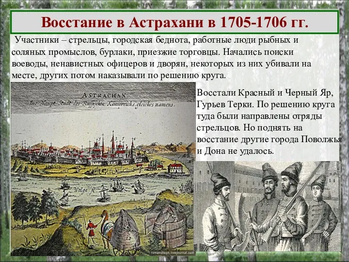 Восстание в Астрахани в 1705-1706 гг. Участники – стрельцы, городская
