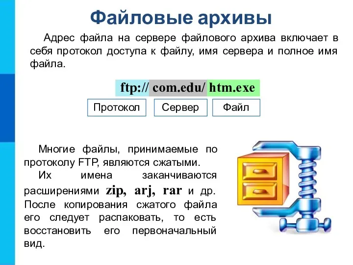 Файловые архивы ftp:// com.edu/ htm.exe Протокол Сервер Файл Адрес файла