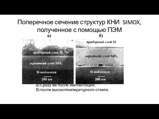 Поперечное сечение структур КНИ SIMOX, полученное с помощью ПЭМ а)