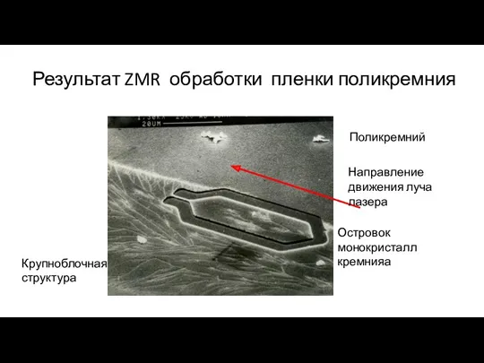 Результат ZMR обработки пленки поликремния Поликремний Крупноблочная структура Островок монокристалл кремнияа Направление движения луча лазера