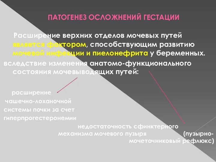 ПАТОГЕНЕЗ ОСЛОЖНЕНИЙ ГЕСТАЦИИ Расширение верхних отделов мочевых путей является фактором,