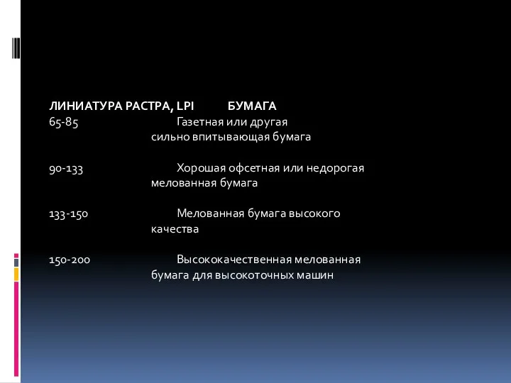 ЛИНИАТУРА РАСТРА, LPI БУМАГА 65-85 Газетная или другая сильно впитывающая