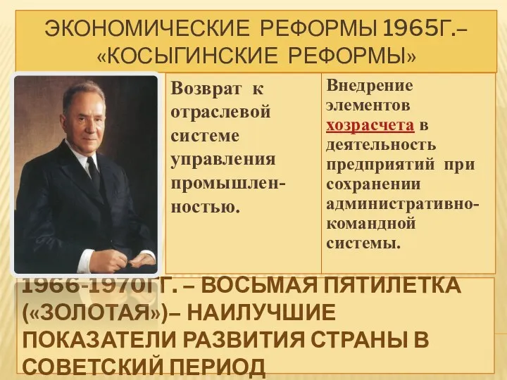 1966-1970ГГ. – ВОСЬМАЯ ПЯТИЛЕТКА («ЗОЛОТАЯ»)– НАИЛУЧШИЕ ПОКАЗАТЕЛИ РАЗВИТИЯ СТРАНЫ В