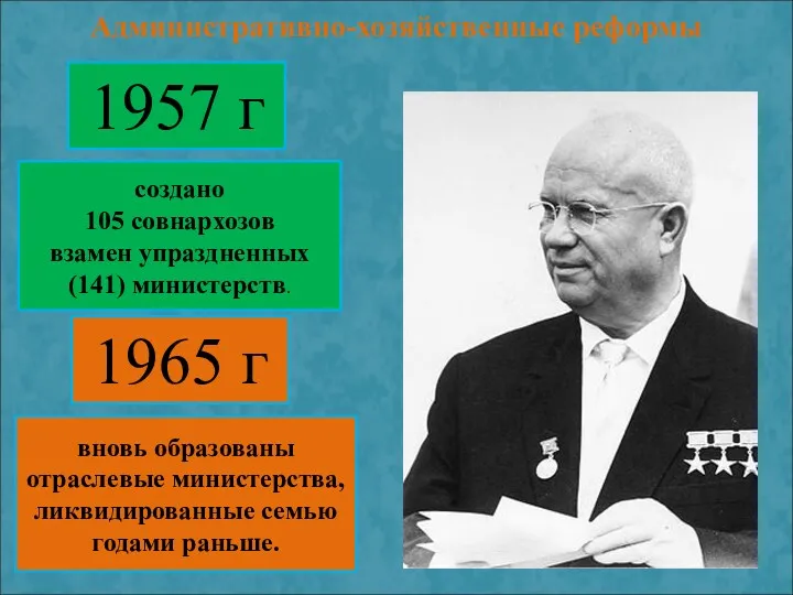 Административно-хозяйственные реформы 1957 г создано 105 совнархозов взамен упраздненных (141)