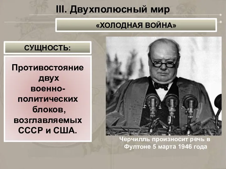 Черчилль произносит речь в Фултоне 5 марта 1946 года Противостояние