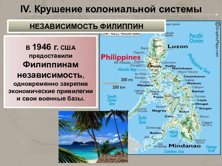 IV. Крушение колониальной системы В 1946 г. США предоставили Филиппинам