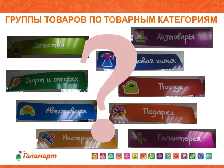 ГРУППЫ ТОВАРОВ ПО ТОВАРНЫМ КАТЕГОРИЯМ ?