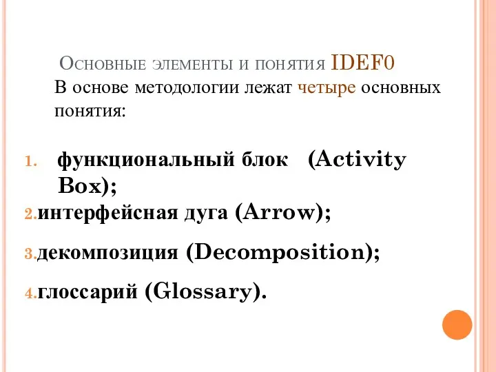 Основные элементы и понятия IDEF0 В основе методологии лежат четыре