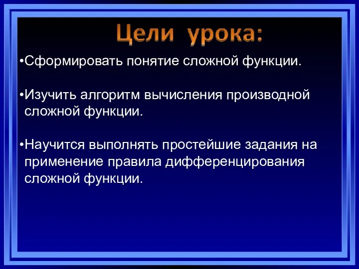 Сформировать понятие сложной функции. Изучить алгоритм вычисления производной сложной функции.