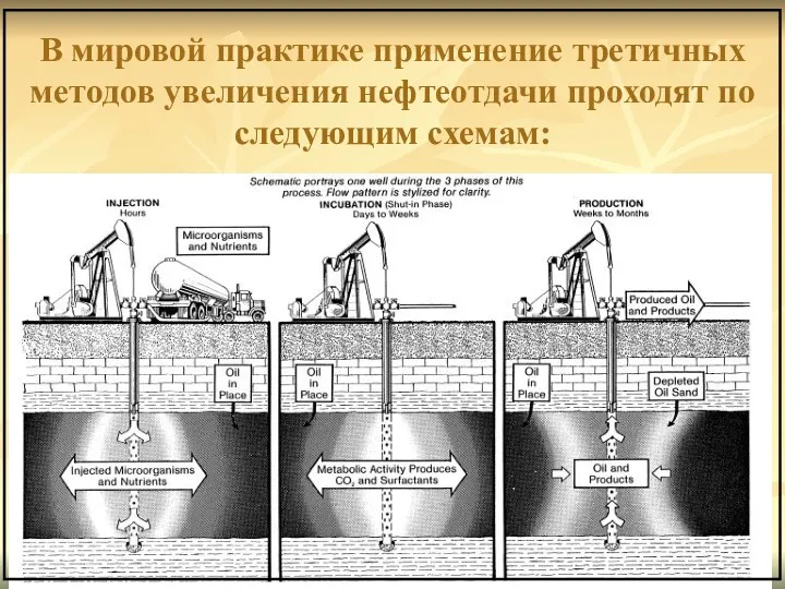 В мировой практике применение третичных методов увеличения нефтеотдачи проходят по следующим схемам: