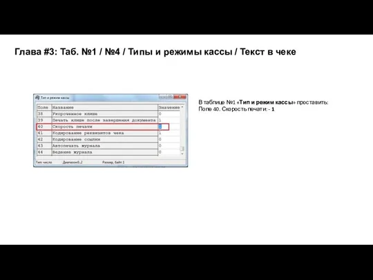 В таблице №1 «Тип и режим кассы» проставить: Поле 40. Скорость печати: -