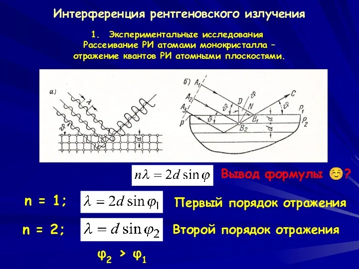 Интерференция рентгеновского излучения n = 1; Экспериментальные исследования Рассеивание РИ