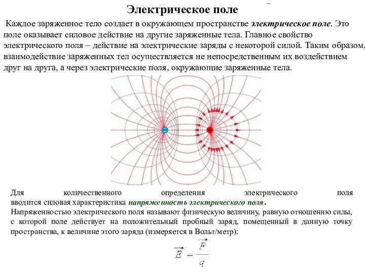 Электрическое поле Каждое заряженное тело создает в окружающем пространстве электрическое