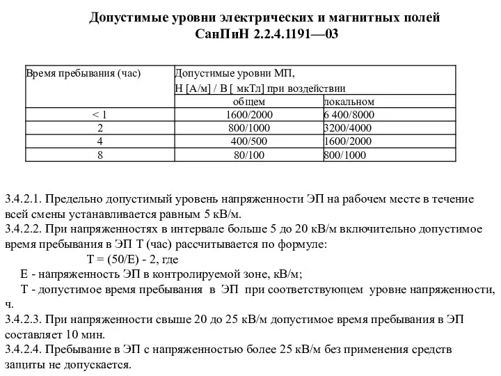 Допустимые уровни электрических и магнитных полей СанПиН 2.2.4.1191—03 3.4.2.1. Предельно