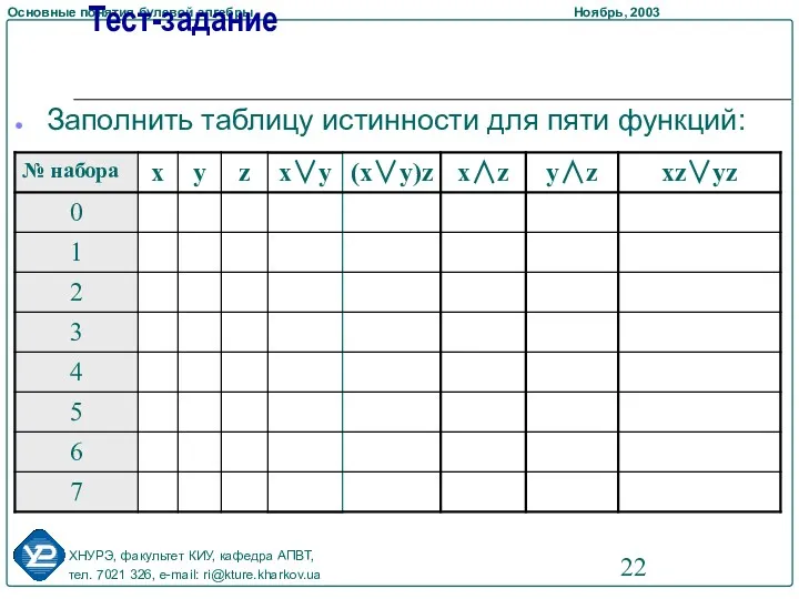 Тест-задание Заполнить таблицу истинности для пяти функций: