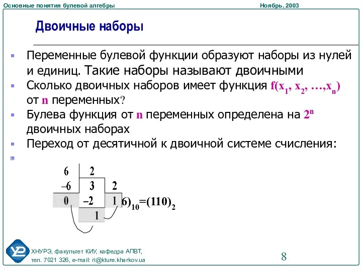 Двоичные наборы Переменные булевой функции образуют наборы из нулей и