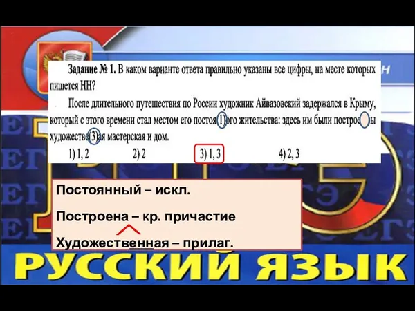 Постоянный – искл. Построена – кр. причастие Художественная – прилаг.