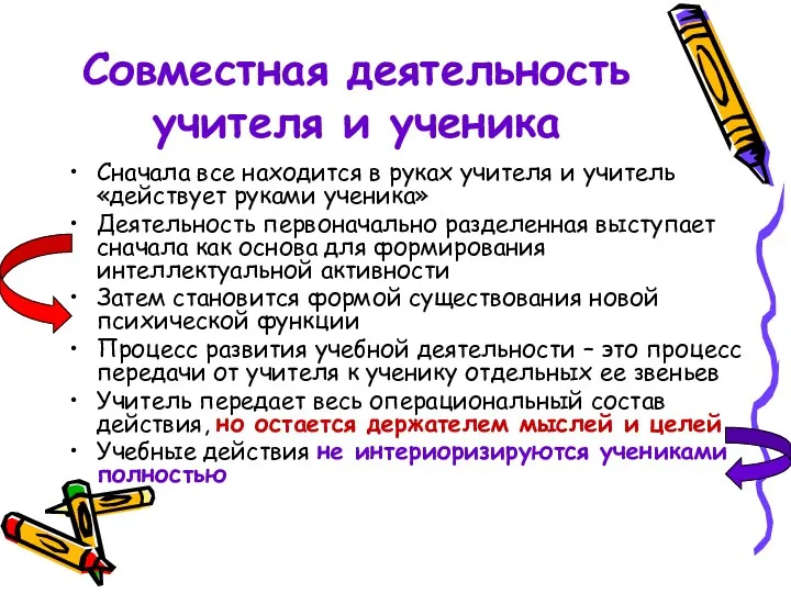 Совместная деятельность учителя и ученика Сначала все находится в руках