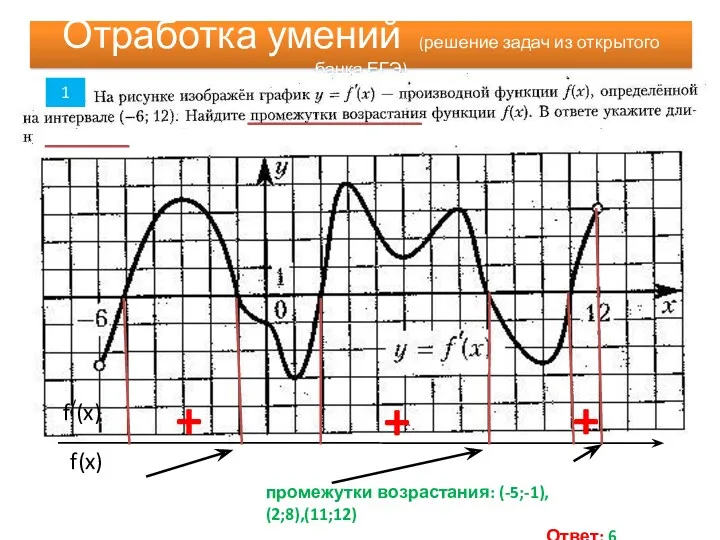 Отработка умений (решение задач из открытого банка ЕГЭ) промежутки возрастания: (-5;-1), (2;8),(11;12) Ответ: 6 1