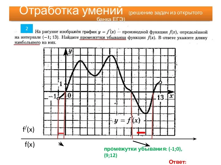 Отработка умений промежутки убывания: (-1;0), (9;12) Ответ: 3 2 Отработка