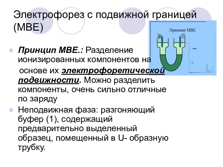 Электрофорез с подвижной границей (MBE) Принцип МВЕ.: Разделение ионизированных компонентов