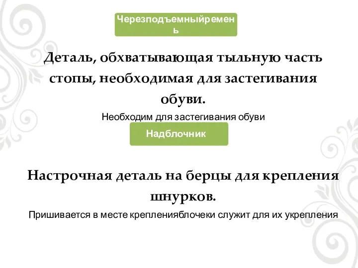 Черезподъемныйремень Деталь, обхватывающая тыльную часть стопы, необходимая для застегивания обуви.