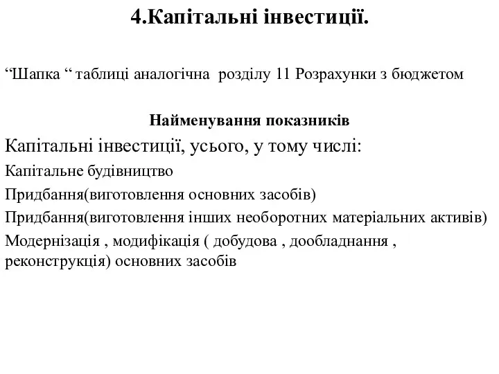 4.Капітальні інвестиції. “Шапка “ таблиці аналогічна розділу 11 Розрахунки з