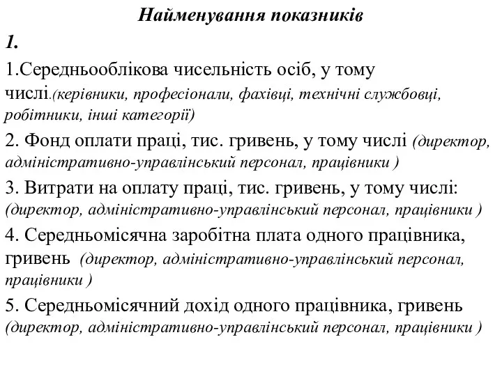 Найменування показників 1. 1.Середньооблікова чисельність осіб, у тому числі.(керівники, професіонали,