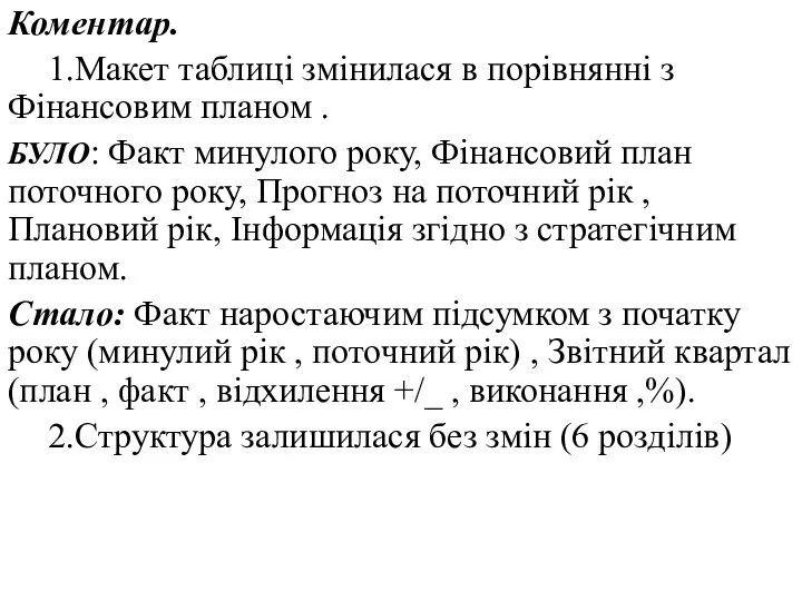 Коментар. 1.Макет таблиці змінилася в порівнянні з Фінансовим планом .