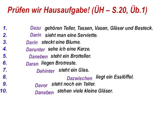 Prüfen wir Hausaufgabe! (ÜH – S.20, Üb.1) Zum Geschirr gehören