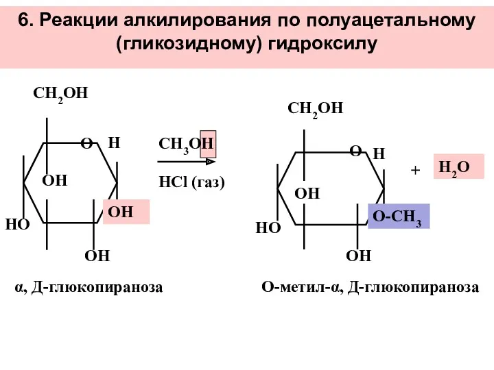 6. Реакции алкилирования по полуацетальному (гликозидному) гидроксилу СН3ОН НСl (газ)