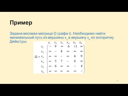 Пример Задана весовая матрица Ω графа G. Необходимо найти минимальный